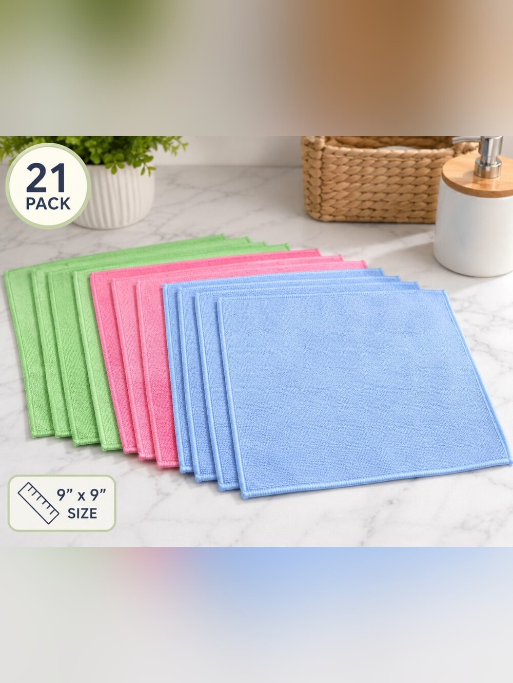 21 Pack 9x9 Microfiber Cleaning Cloths Reusable Multi Surface Towels Assorted